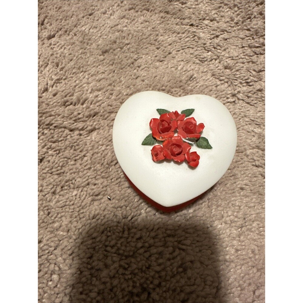Lefton Heart Shaped Trinket Box Porcelain, 1985, Hand Painted White & Red, Roses